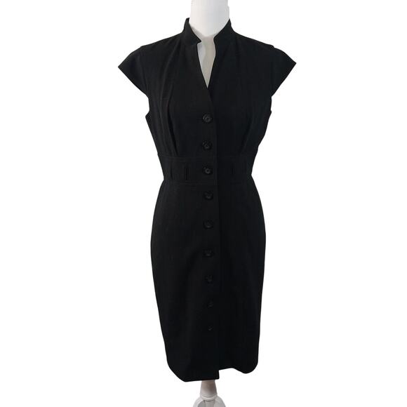 CALVIN KLEIN! LUXE BLACK BUTTON FRONT NEHRU COLLAR CAP SLEEVE DRESS! SZ S - Picture 2 of 10
